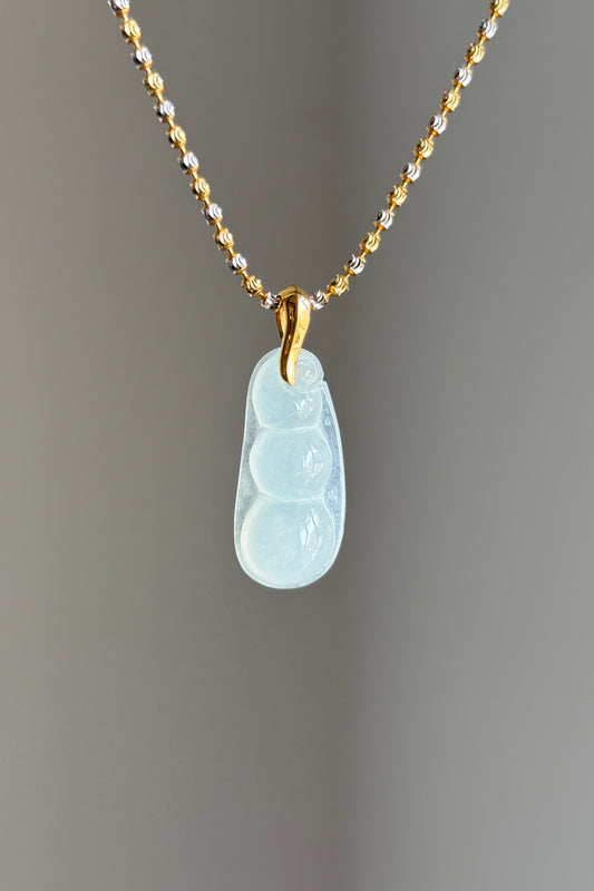 #P0483 "Fortune Bean" Highly Icy White Jadeite Jade 18K Yellow Gold Pendant