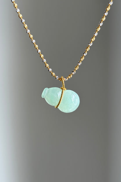 #0481 "Hulu/Gourd" Icy Light Green Jadeite Jade 18K Yellow Gold Pendant