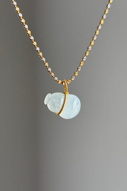 #P0482 "Hulu/Gourd" Highly Icy White Jadeite Jade 18K Yellow Gold Pendant