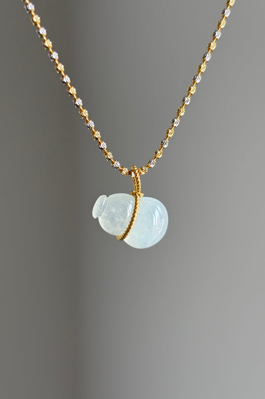 #P0482 "Hulu/Gourd" Highly Icy White Jadeite Jade 18K Yellow Gold Pendant