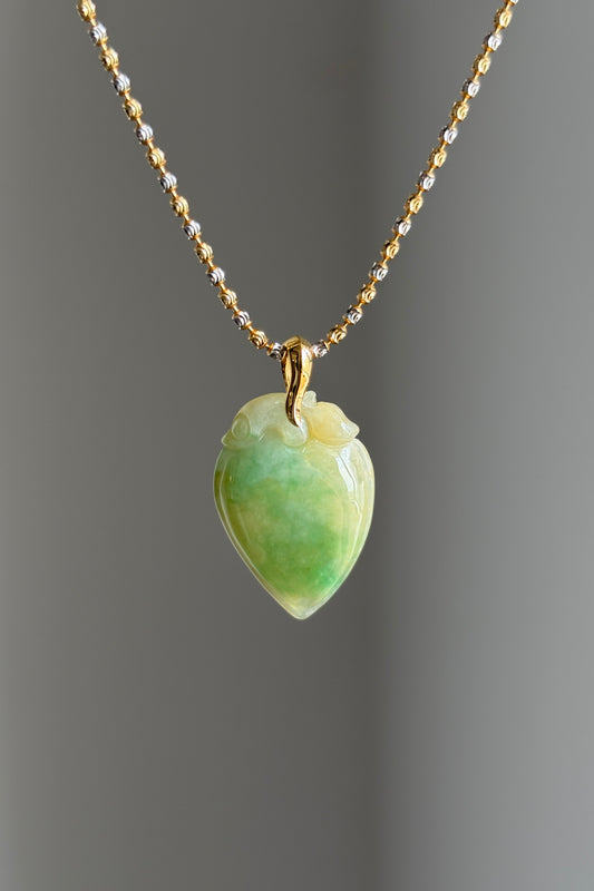#P0479 "Fortune Peach" Yellow and Sun Green Jadeite Jade 18K Yellow Gold Pendant