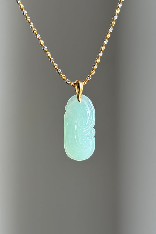 #P0484 "Ruyi" Icy Lotus Green Jadeite Jade 18K Yellow Gold Pendant