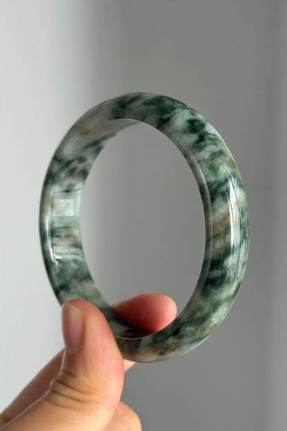 #0348 "Camouflage" Forest Green Yellow White Jade Bangle Size 56.6
