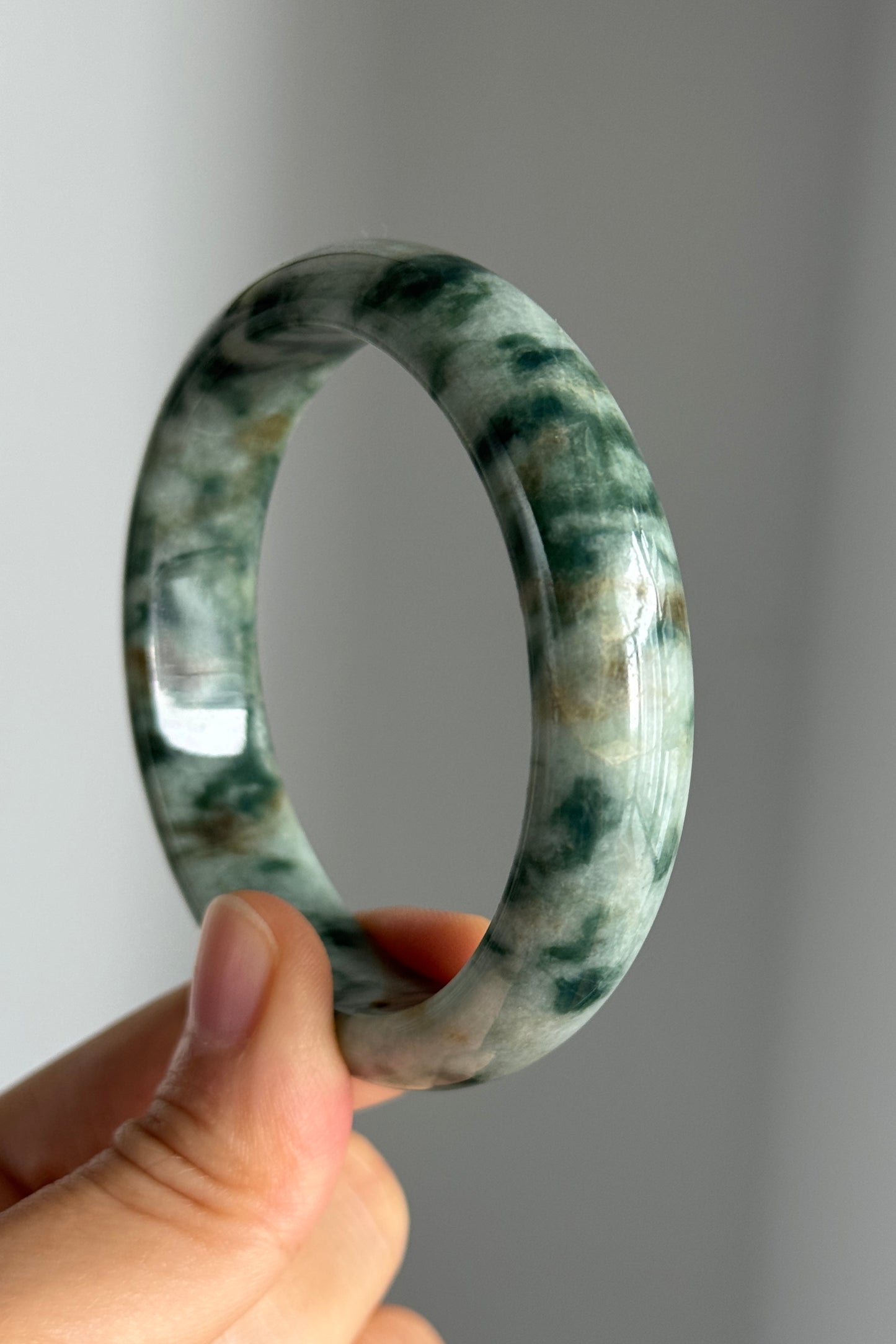 #0348 "Camouflage" Forest Green Yellow White Jade Bangle Size 56.6