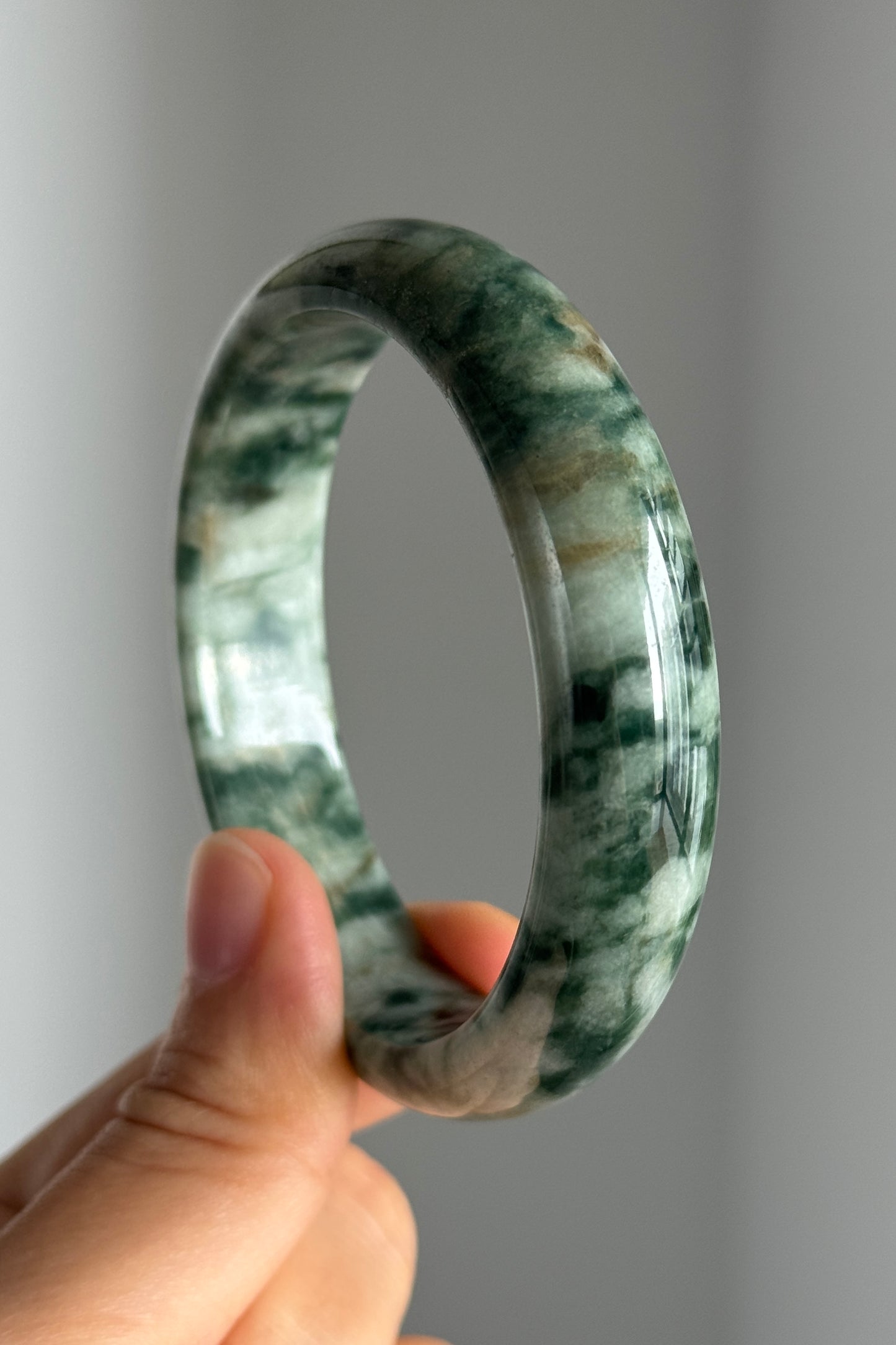 #0348 "Camouflage" Forest Green Yellow White Jade Bangle Size 56.6