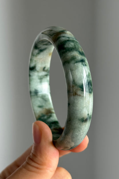 #0348 "Camouflage" Forest Green Yellow White Jade Bangle Size 56.6