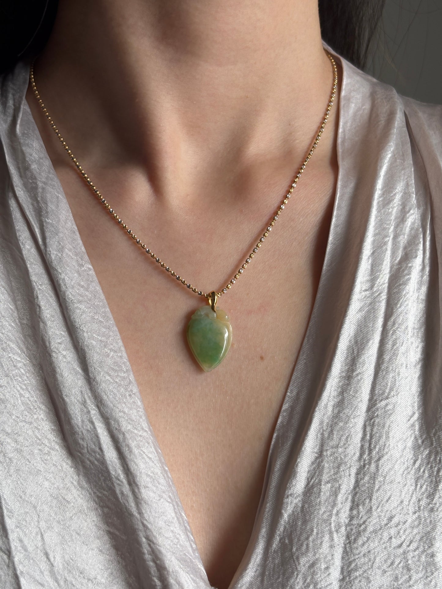 #P0479 "Fortune Peach" Yellow and Sun Green Jadeite Jade 18K Yellow Gold Pendant