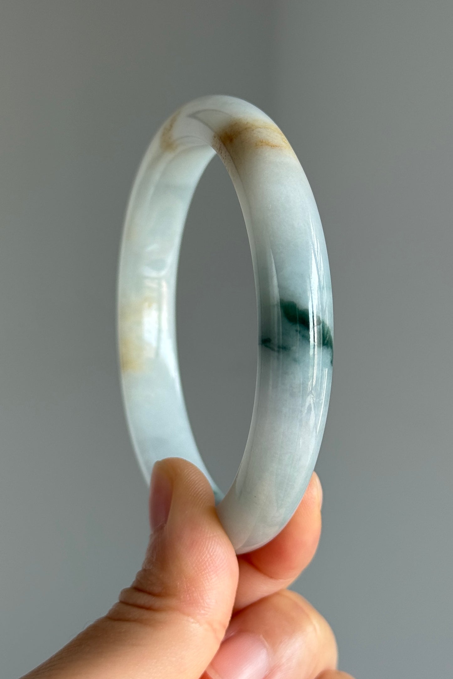 #0353 Bluish Green Flower Yellow Lavender White Jade Bangle Size 62.6