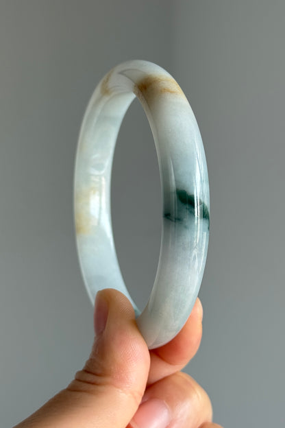 #0353 Bluish Green Flower Yellow Lavender White Jade Bangle Size 62.6