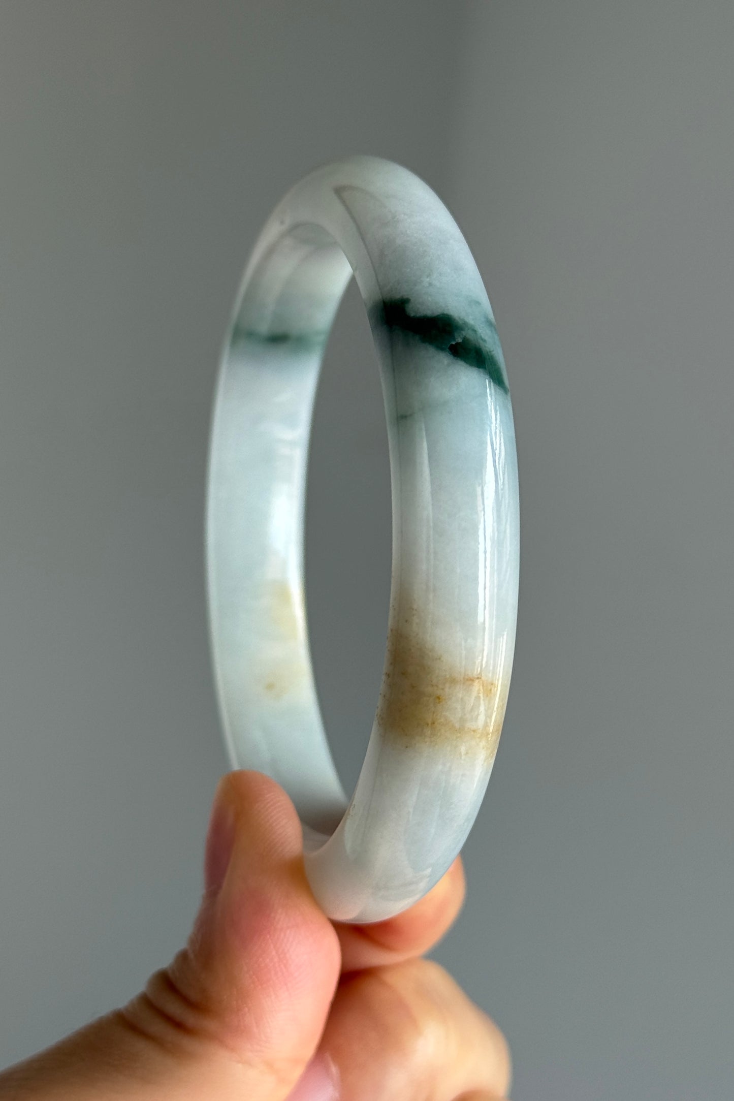 #0353 Bluish Green Flower Yellow Lavender White Jade Bangle Size 62.6