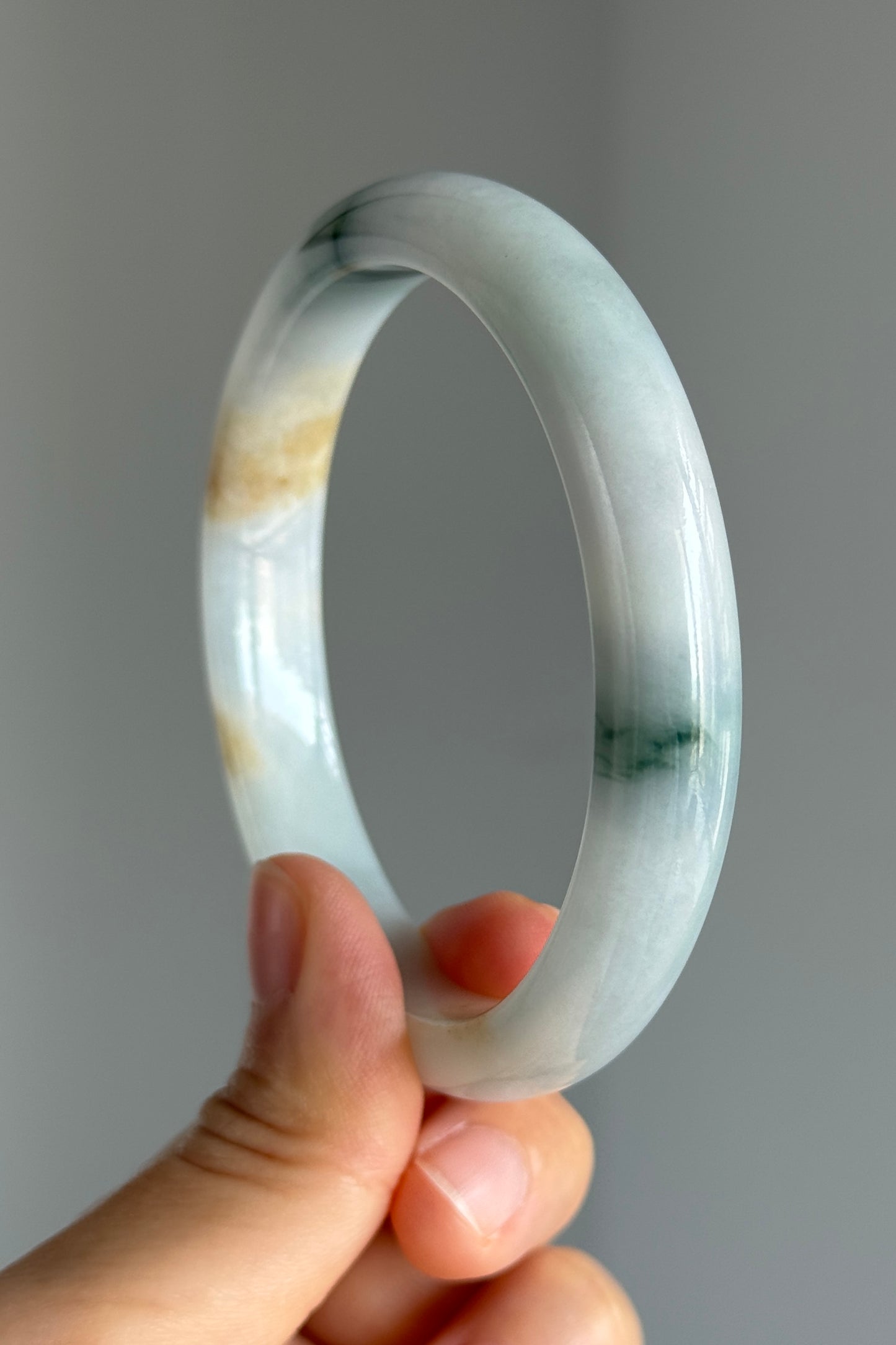 #0353 Bluish Green Flower Yellow Lavender White Jade Bangle Size 62.6