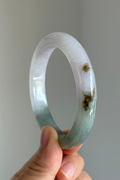 #0354 Icy Green White Yellow Flower Light Lavender Jade Bangle Size 55.7