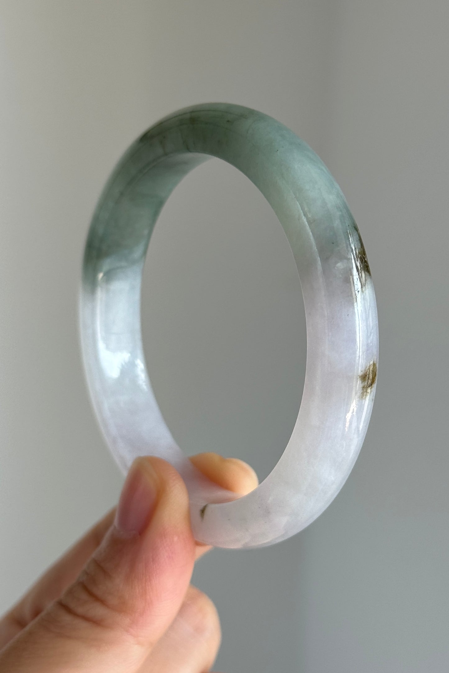 #0354 Icy Green White Yellow Flower Light Lavender Jade Bangle Size 55.7