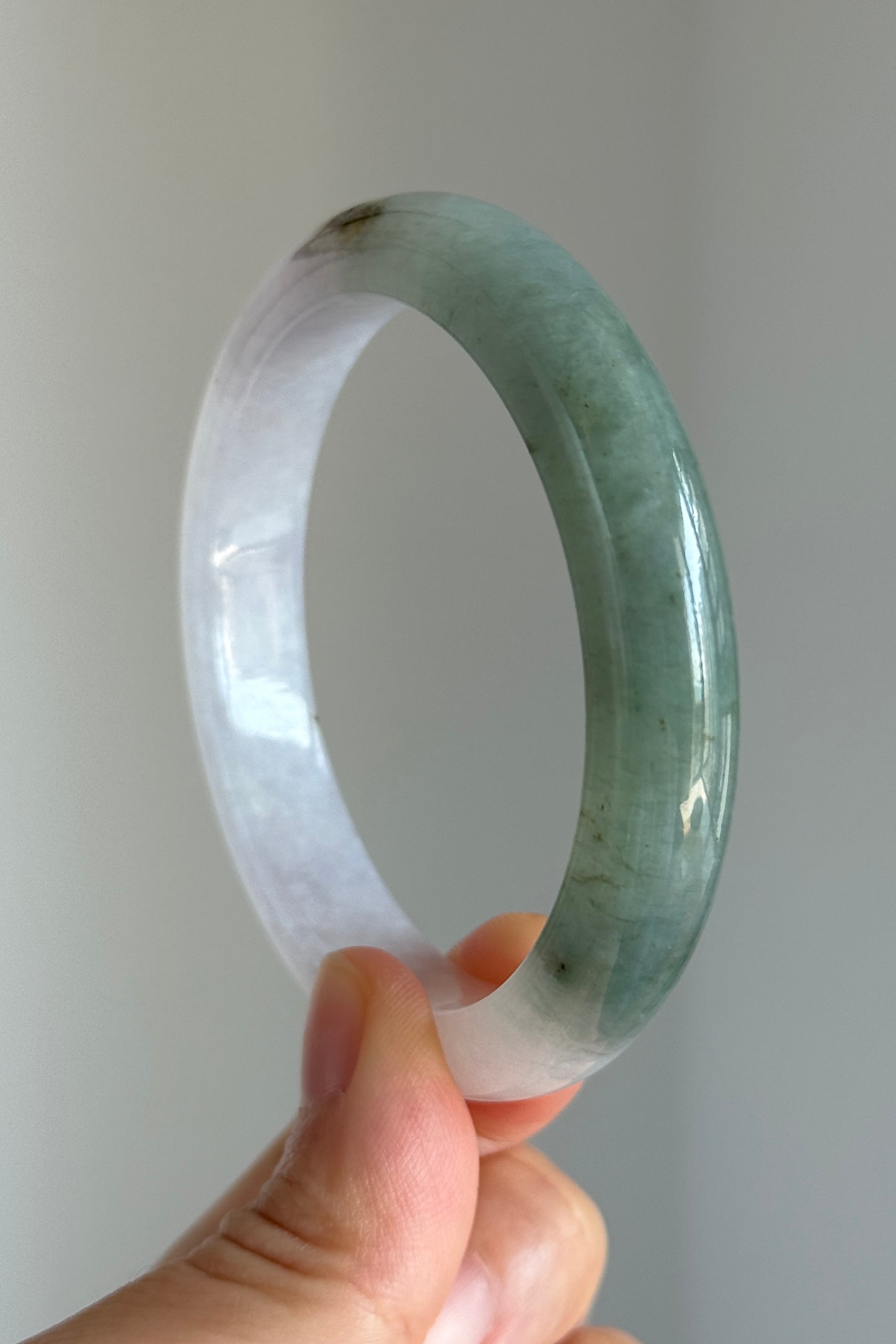 #0354 Icy Green White Yellow Flower Light Lavender Jade Bangle Size 55.7