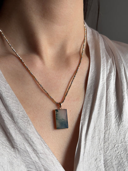 #P0486 "Wushi/Peace" Highly Icy Bluish Green Jadeite Jade Peace 18K Rose Gold Pendant