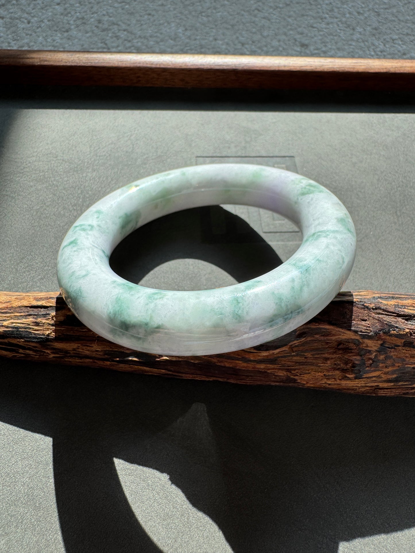 #0336 Green Flower Lavender Jade Bangle Size 53.5 (fits up to 54.5)