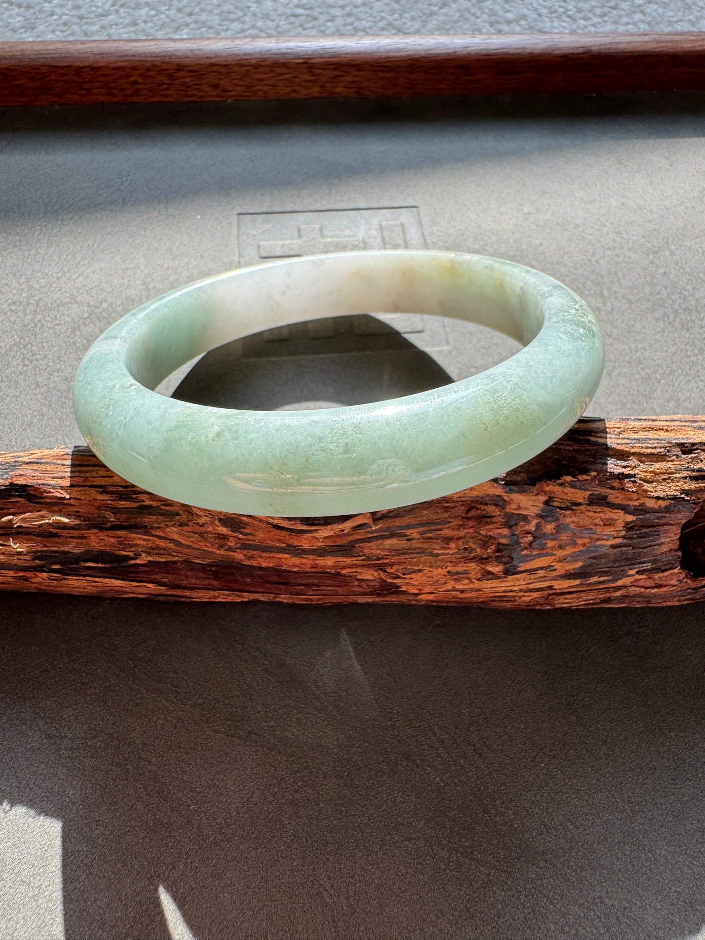 #0342 Lotus Green White Yellow Jade Bangle Size 60