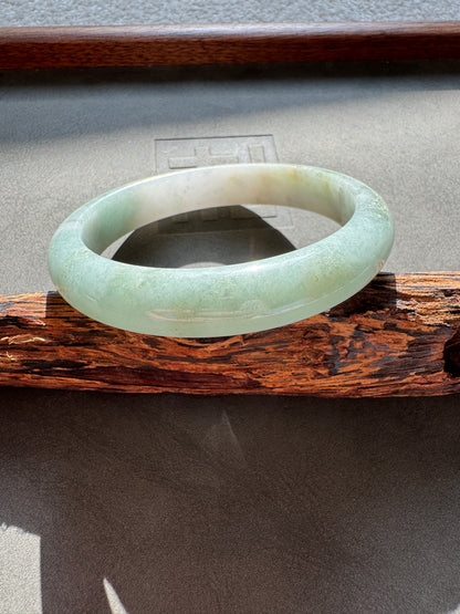 #0342 Lotus Green White Yellow Jade Bangle Size 60
