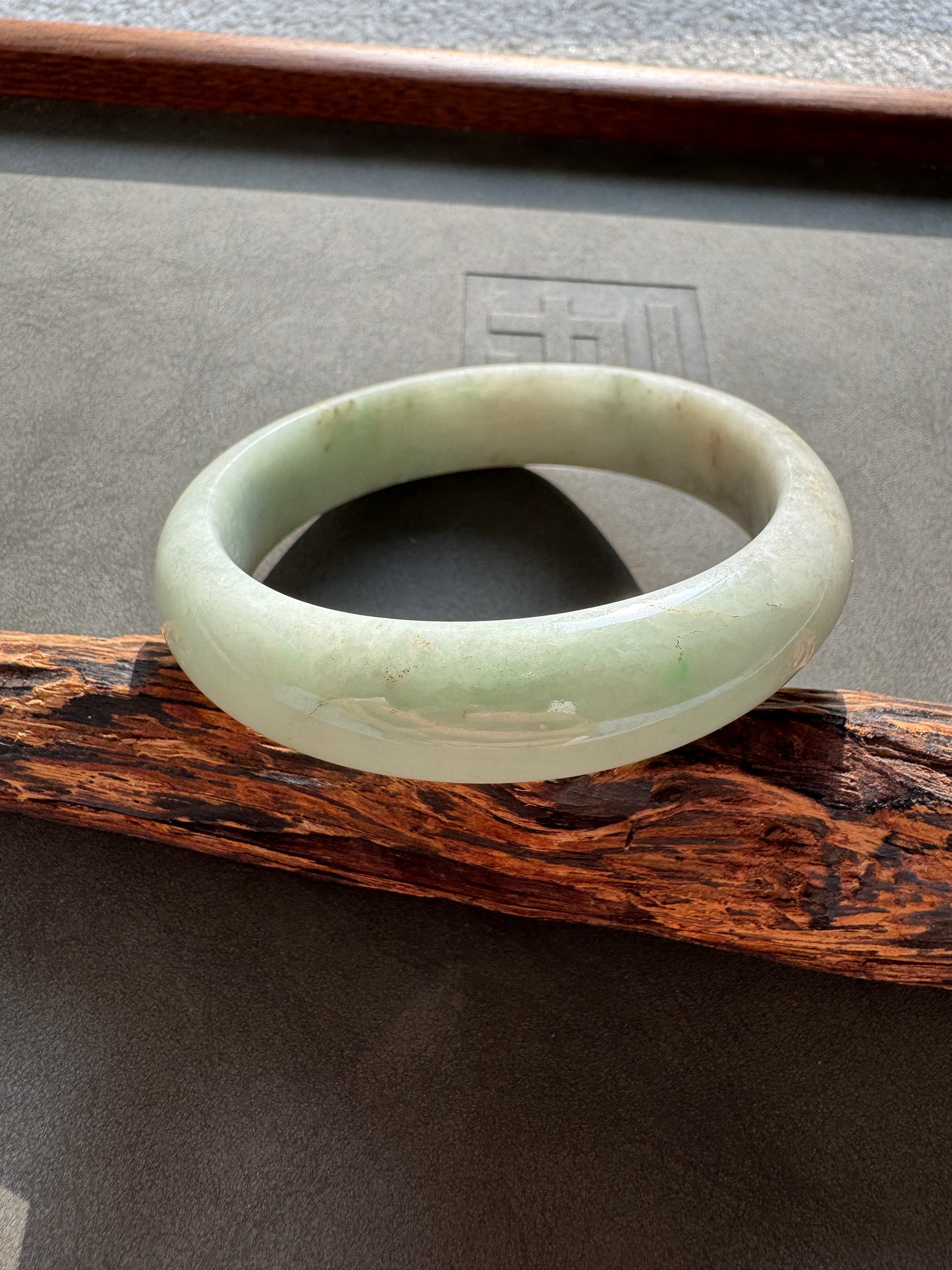 #0347 Lotus Green Yellow Spots Jade Bangle Size 57.5