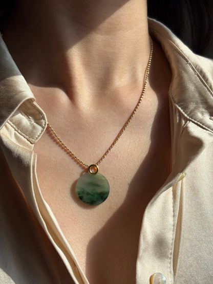 #P0503 "Wushi/Peace" Icy Sun Green Yellow Jadeite Jade Peace 18K Yellow Gold Pendant