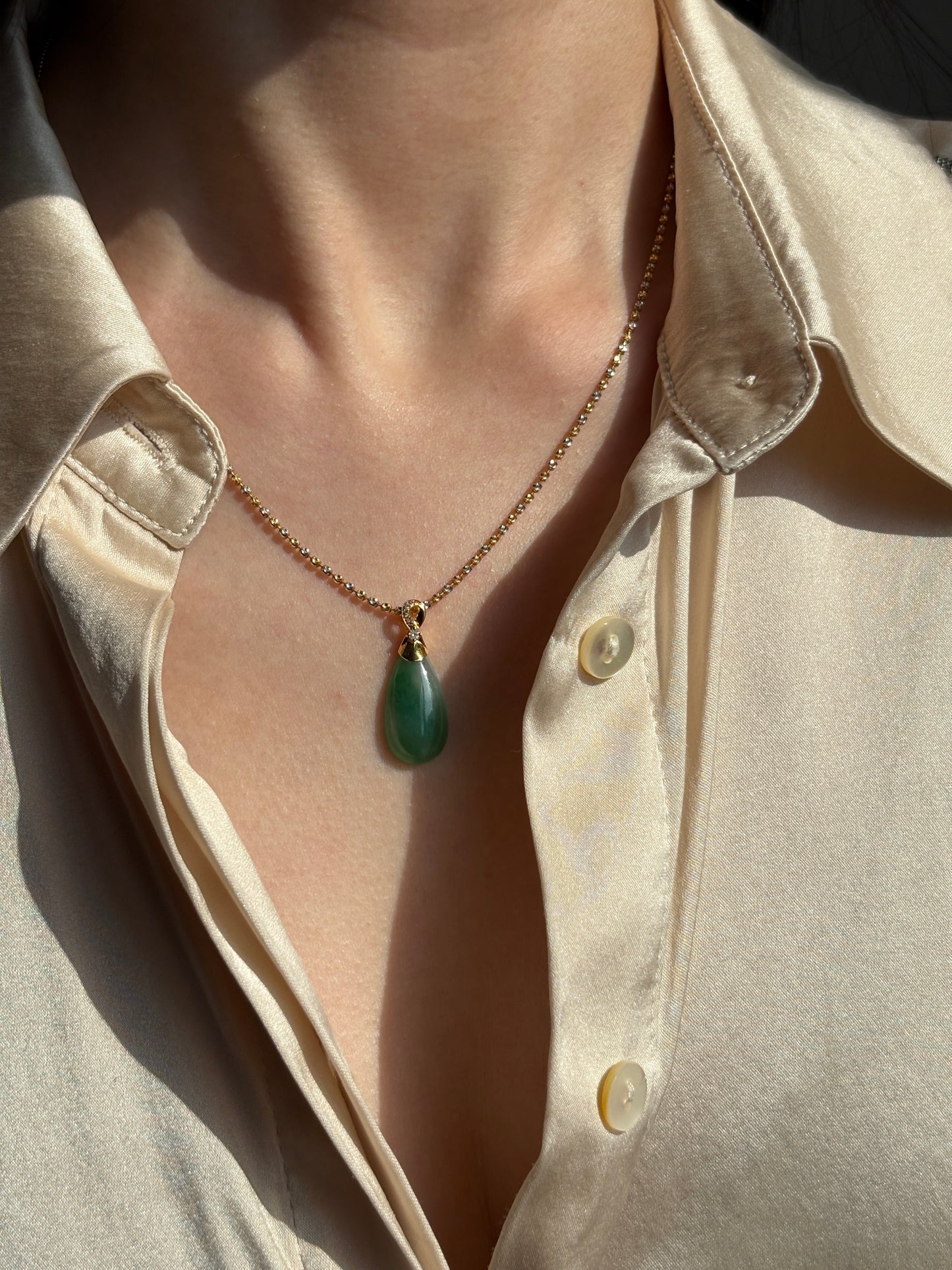 #P0501 "Water Drop" Icy Rich Sun Green Jadeite Jade 18K Yellow Gold Pendant