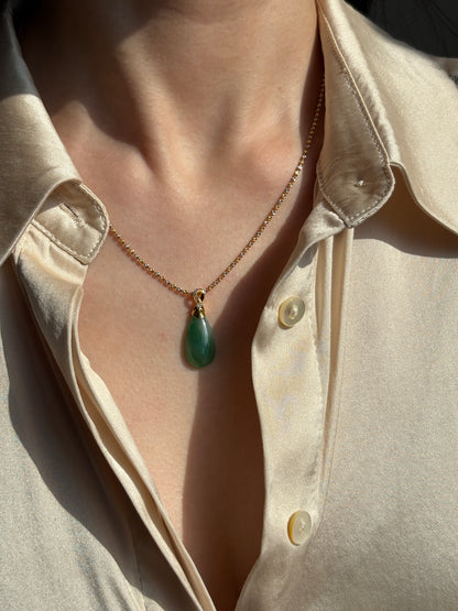 #P0501 "Water Drop" Icy Rich Sun Green Jadeite Jade 18K Yellow Gold Pendant