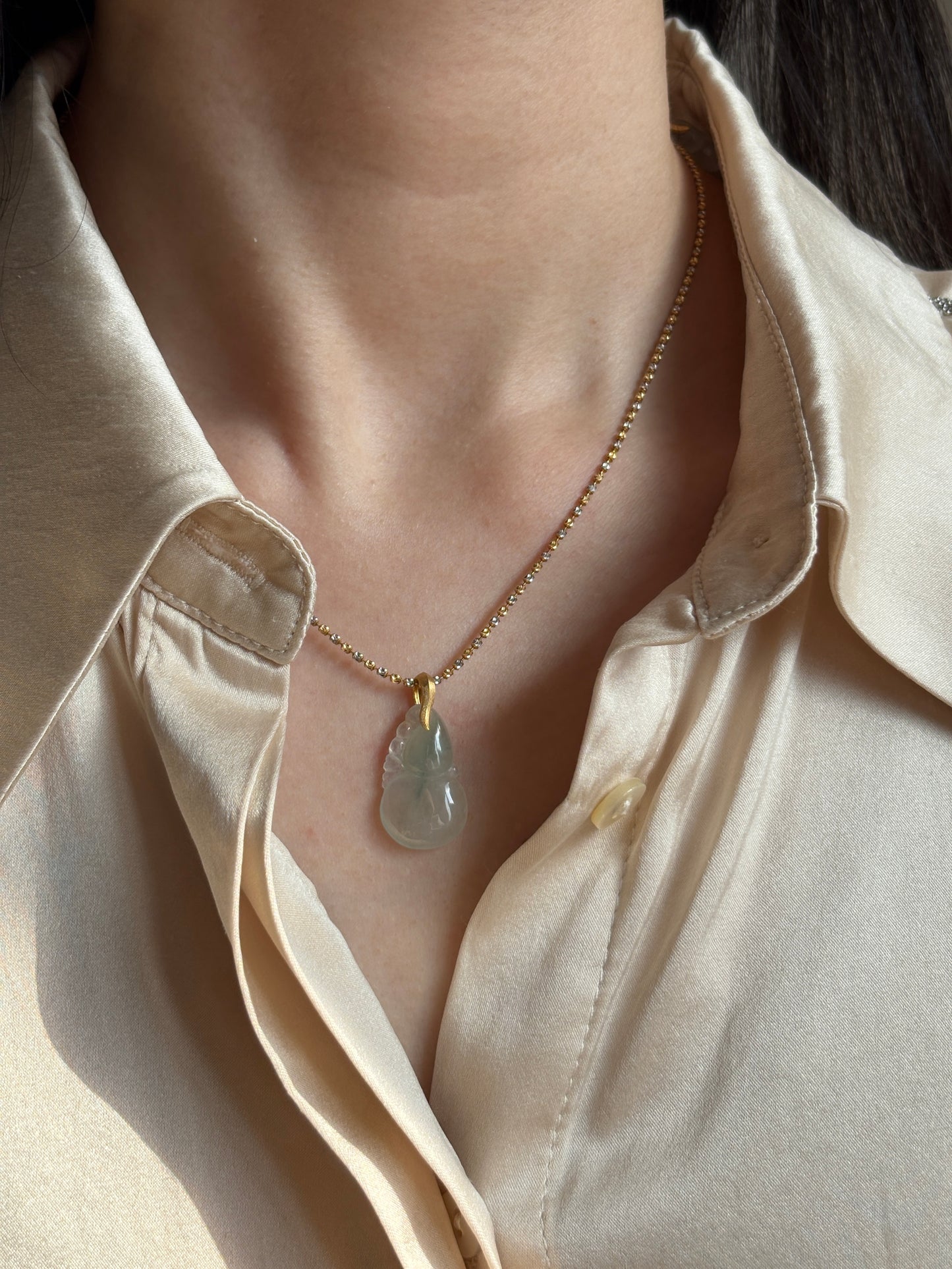 #P0502 "Hulu/Gourd" Icy Green Yellow Flower Jadeite Jade 18K Yellow Gold Pendant