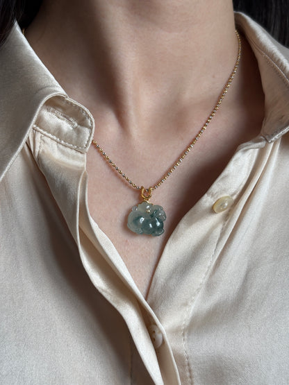 #P0505 "Tang Horse" Icy Blue Flower Jadeite Jade 18K Yellow Gold Pendant