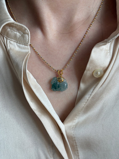 #P0505 "Tang Horse" Icy Blue Flower Jadeite Jade 18K Yellow Gold Pendant