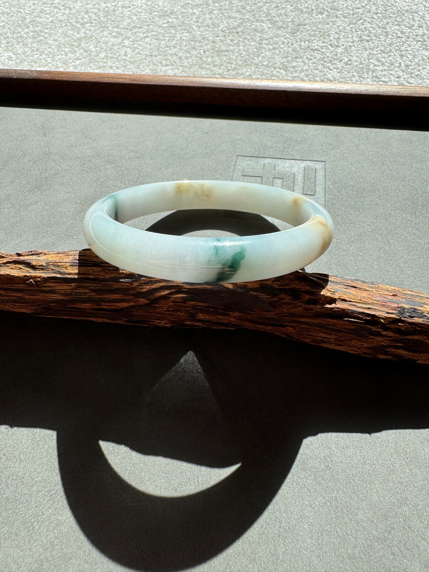 #0353 Bluish Green Flower Yellow Lavender White Jade Bangle Size 62.6