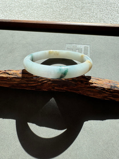 #0353 Bluish Green Flower Yellow Lavender White Jade Bangle Size 62.6