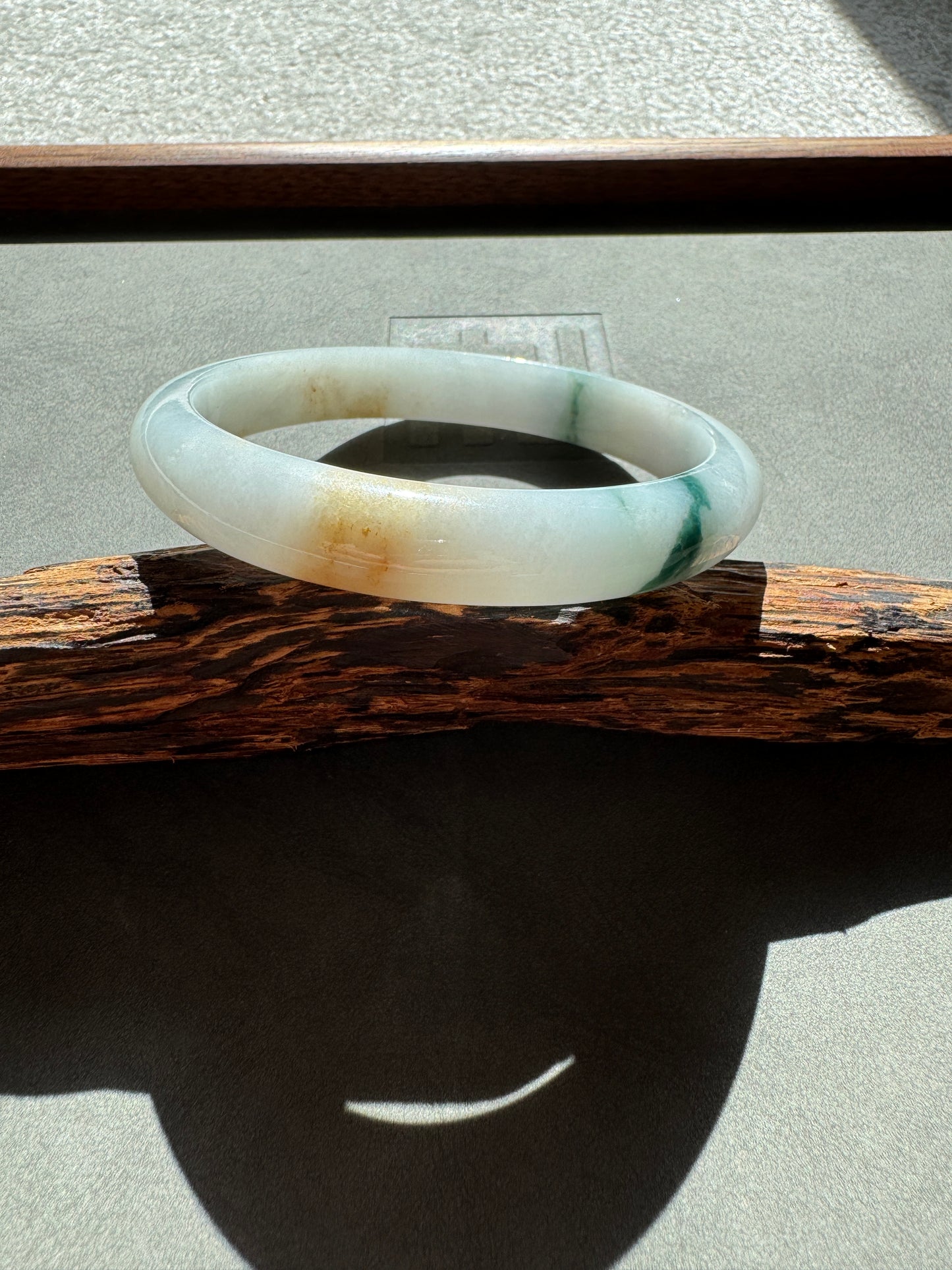 #0353 Bluish Green Flower Yellow Lavender White Jade Bangle Size 62.6