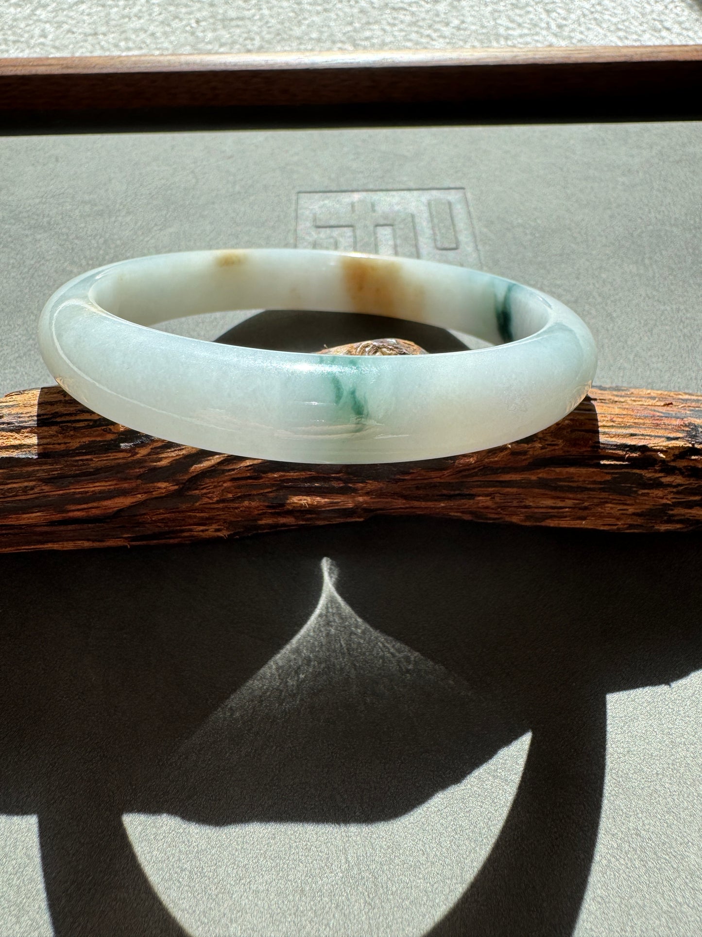 #0353 Bluish Green Flower Yellow Lavender White Jade Bangle Size 62.6