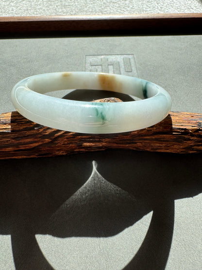 #0353 Bluish Green Flower Yellow Lavender White Jade Bangle Size 62.6