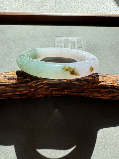 #0354 Icy Green White Yellow Flower Light Lavender Jade Bangle Size 55.7