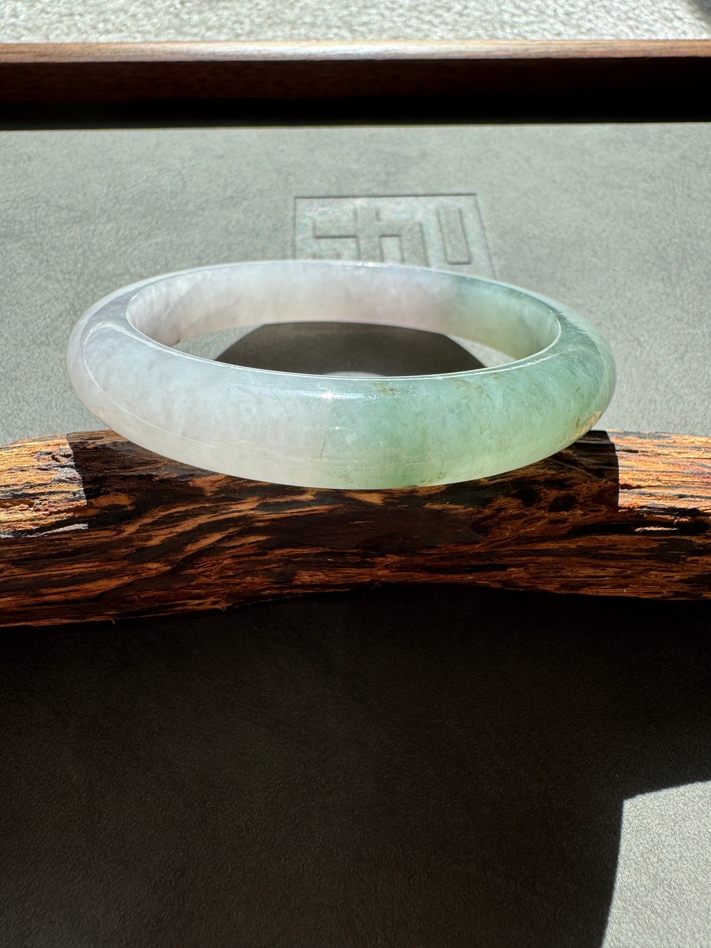 #0354 Icy Green White Yellow Flower Light Lavender Jade Bangle Size 55.7