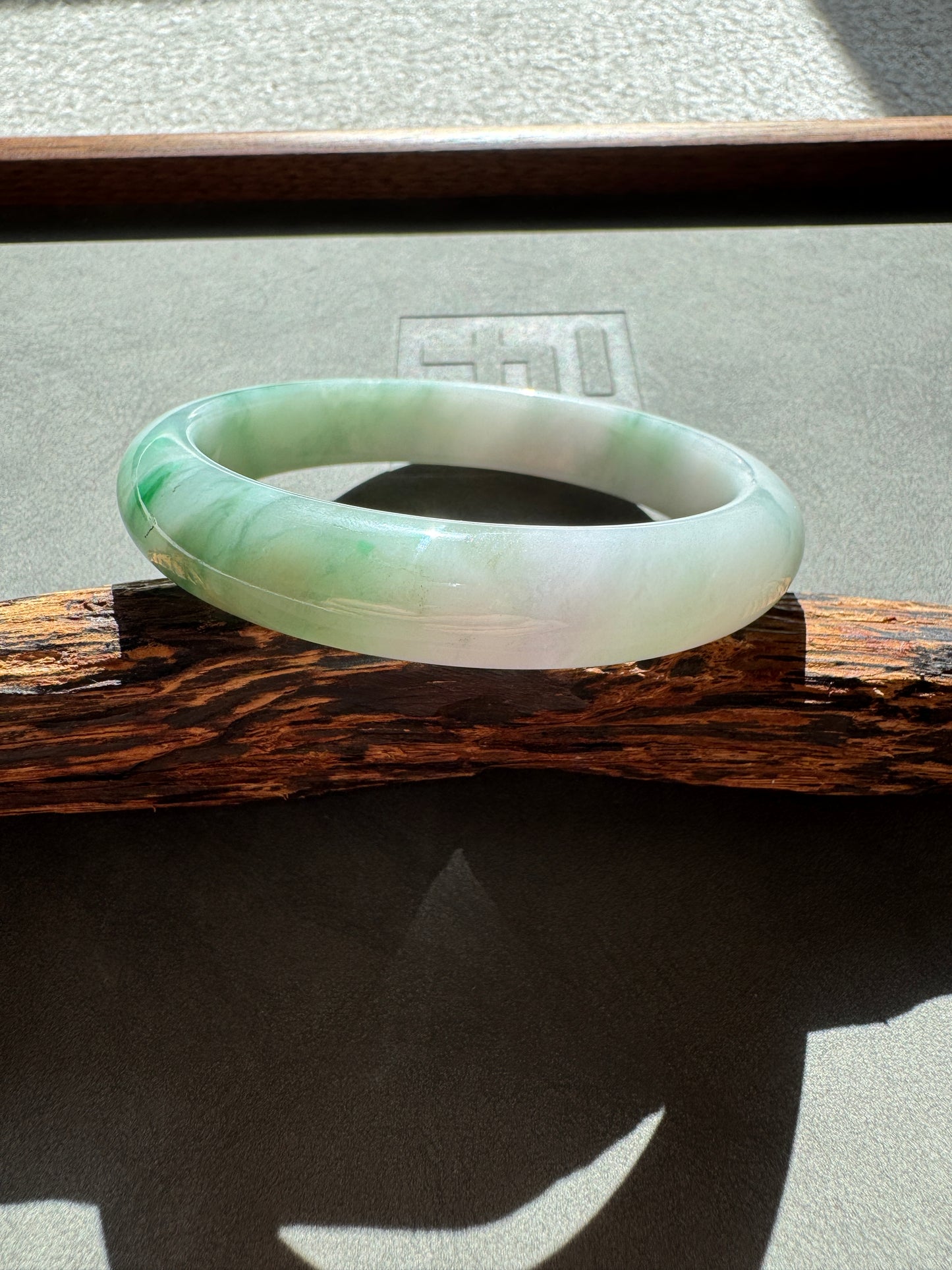 #0355 Sun Green White Lavender Jade Bangle Size 59