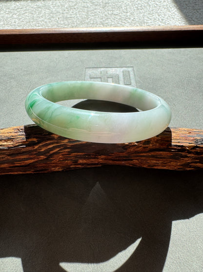#0355 Sun Green White Lavender Jade Bangle Size 59