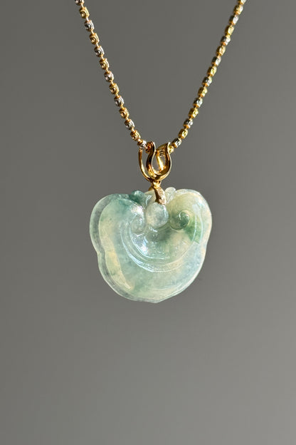 #P0517 "Ruyi / As Your Wish" Icy Green Flower Jadeite Jade 18K Yellow Gold Pendant