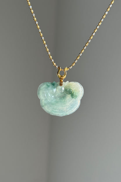 #P0517 "Ruyi / As Your Wish" Icy Green Flower Jadeite Jade 18K Yellow Gold Pendant