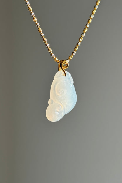 #P0500 "Ruyi / As Your Wish" Icy White Jadeite Jade 18K Yellow Gold Pendant