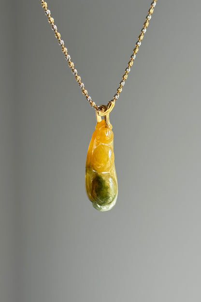 #P0509 "Freeform Fortune Bean" Golden Yellow Green Jadeite Jade 18K Yellow Gold Pendant