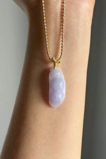#P0515 "Freeform Fortune Bean" Pink Lavender Jadeite Jade 18K Yellow Gold Pendant