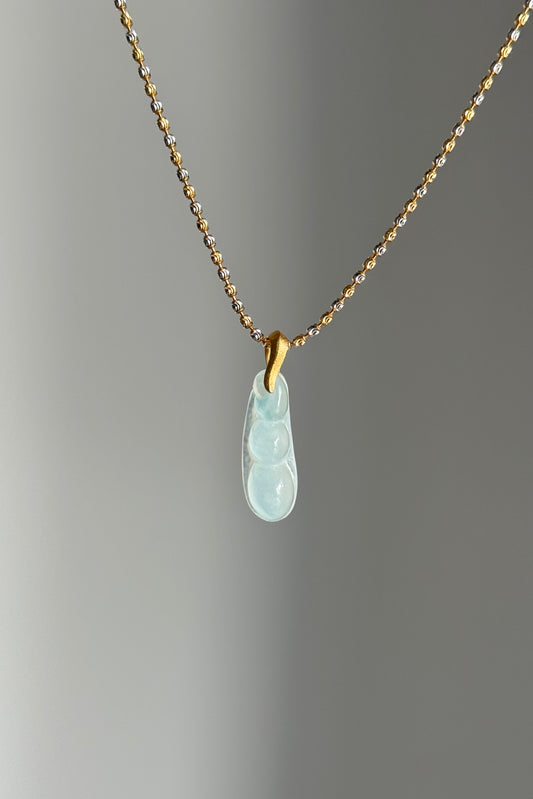 #P0506 "Fortune Bean" Highly Icy White Light Blue Jadeite Jade 18K Yellow Gold Pendant