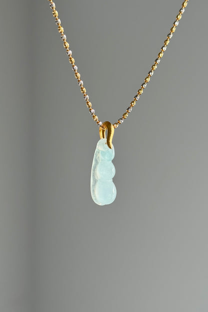 #P0506 "Fortune Bean" Highly Icy White Light Blue Jadeite Jade 18K Yellow Gold Pendant