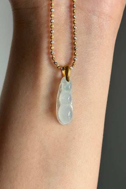 #P0506 "Fortune Bean" Highly Icy White Light Blue Jadeite Jade 18K Yellow Gold Pendant
