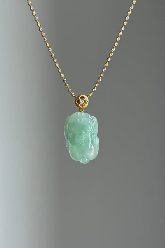 #P0494 "Pixiu" Highly Icy Green Jadeite Jade 18K Yellow Gold Pendant
