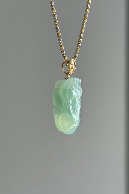 #P0494 "Pixiu" Highly Icy Green Jadeite Jade 18K Yellow Gold Pendant