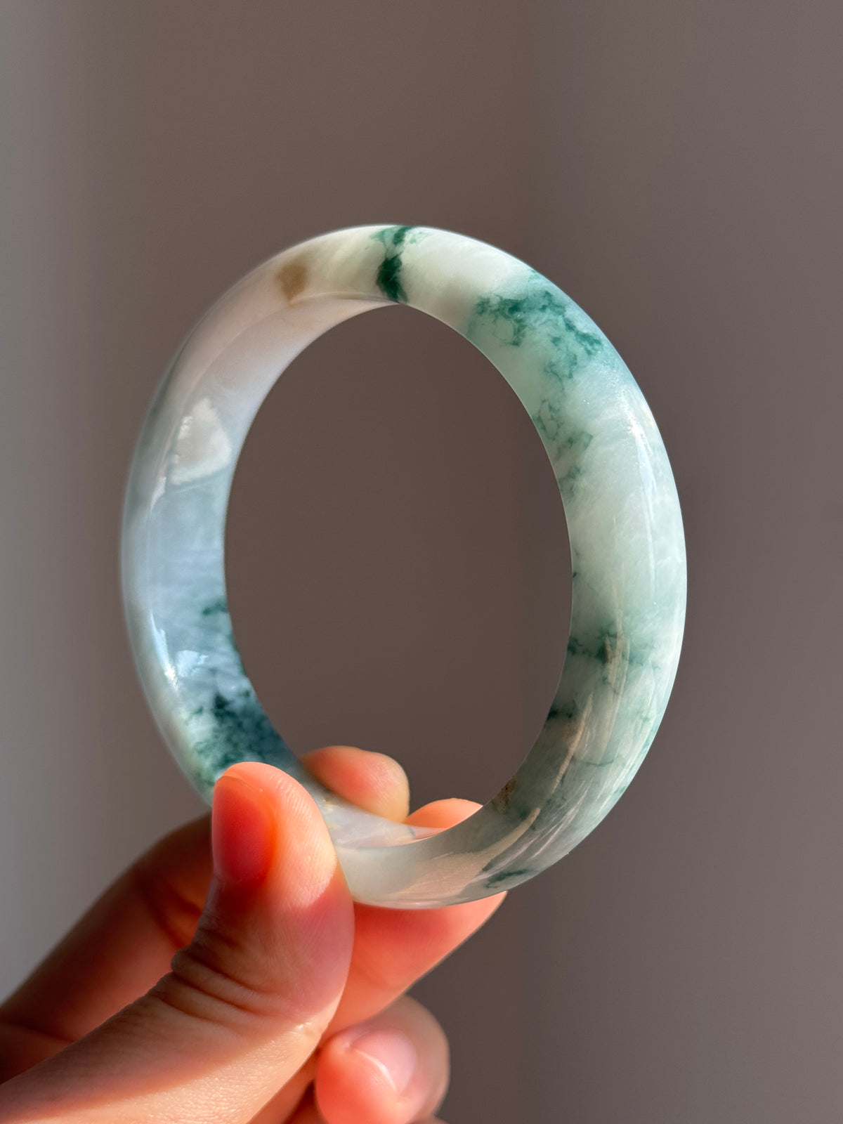 #0462 Icy Bluish Green Flowers Jade Bangle Size 59