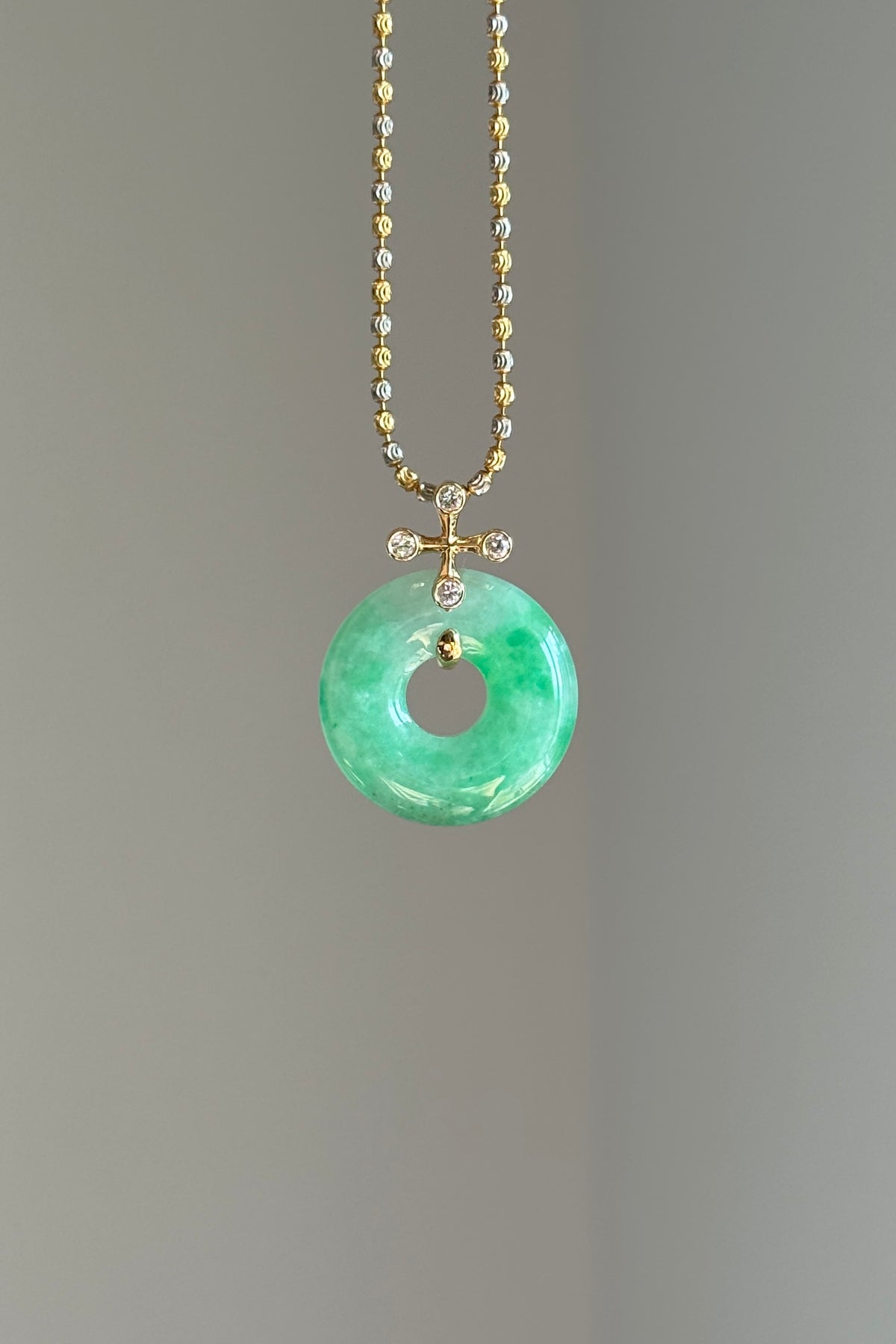 #P0574 "Blossom Bi" Icy Sun Green Jadeite Jade Donut 18K Yellow Gold Pendant